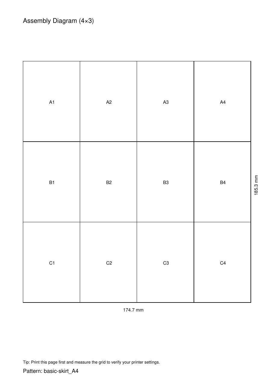 Assembly diagram: a 4 by 3 grid labelled A1 to C4 showing how the 12 A4 pages fit together
