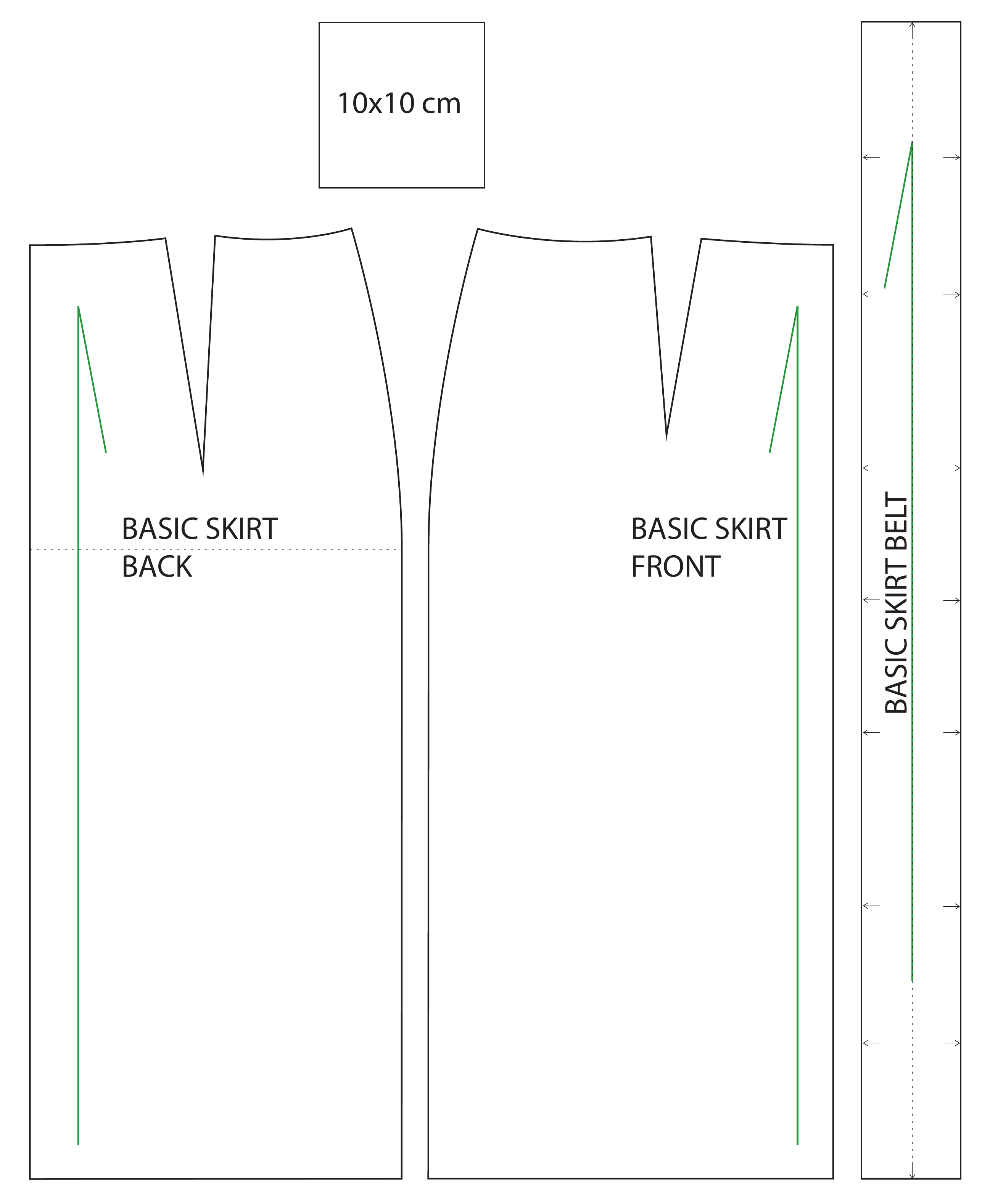 The basic skirt input: one large PDF sheet holding the front, back and belt pattern pieces plus a 10 by 10 cm test square