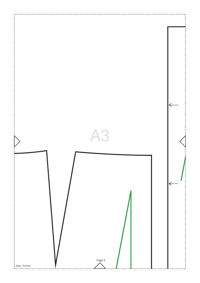 Tiled A4 page A3 of the basic skirt pattern, showing cut lines, the 15 mm safe margin and an alignment triangle