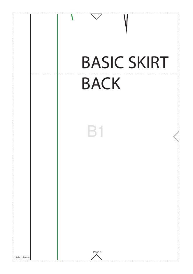 Tiled A4 page B1 of the basic skirt pattern, showing cut lines, the 15 mm safe margin and an alignment triangle