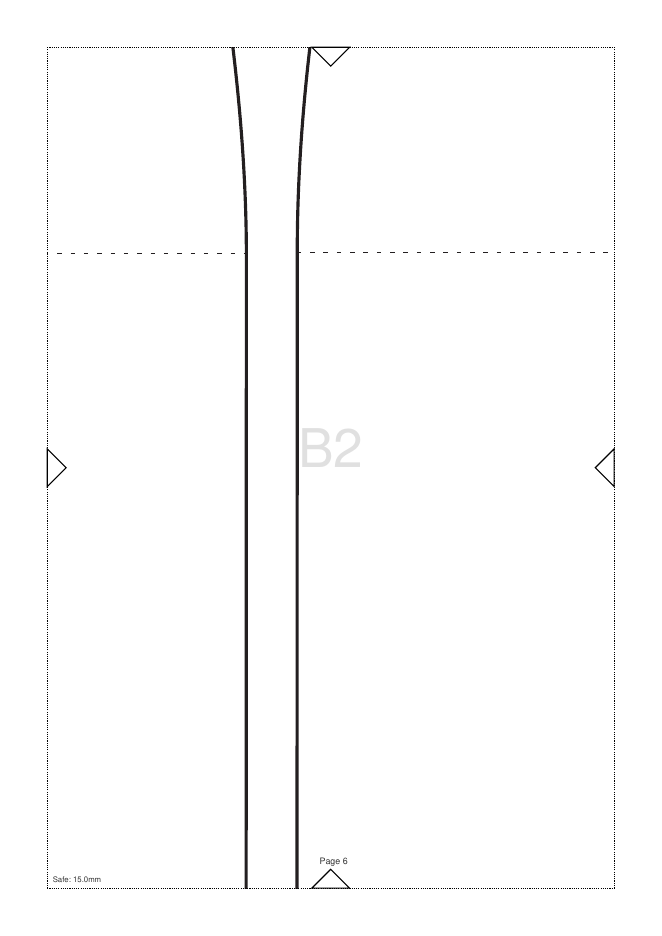 Tiled A4 page B2 of the basic skirt pattern, showing cut lines, the 15 mm safe margin and an alignment triangle