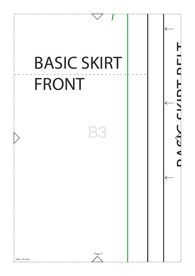 Tiled A4 page B3 of the basic skirt pattern, showing cut lines, the 15 mm safe margin and an alignment triangle