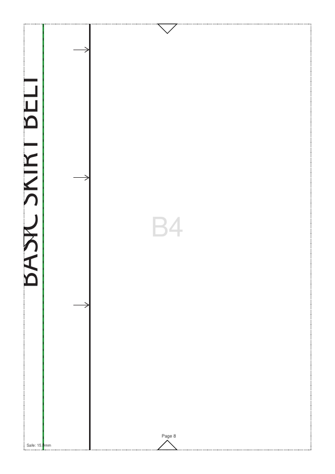 Tiled A4 page B4 of the basic skirt pattern, showing cut lines, the 15 mm safe margin and an alignment triangle