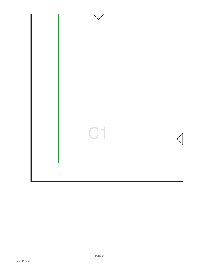 Tiled A4 page C1 of the basic skirt pattern, showing cut lines, the 15 mm safe margin and an alignment triangle
