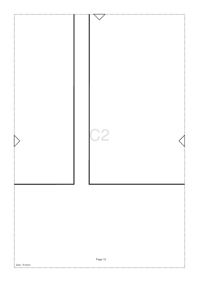 Tiled A4 page C2 of the basic skirt pattern, showing cut lines, the 15 mm safe margin and an alignment triangle