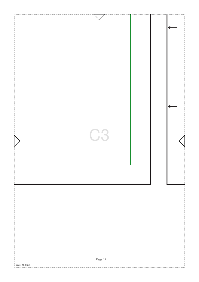 Tiled A4 page C3 of the basic skirt pattern, showing cut lines, the 15 mm safe margin and an alignment triangle