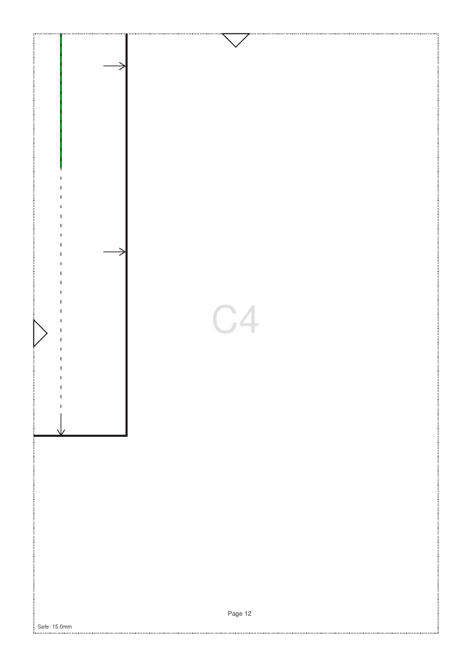 Tiled A4 page C4 of the basic skirt pattern, showing cut lines, the 15 mm safe margin and an alignment triangle